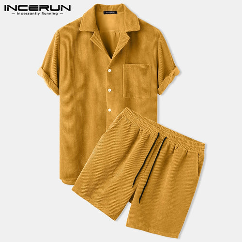 INCERUN Men Corduroy Sets Solid Color Short Sleeve Lapel Button Shirts